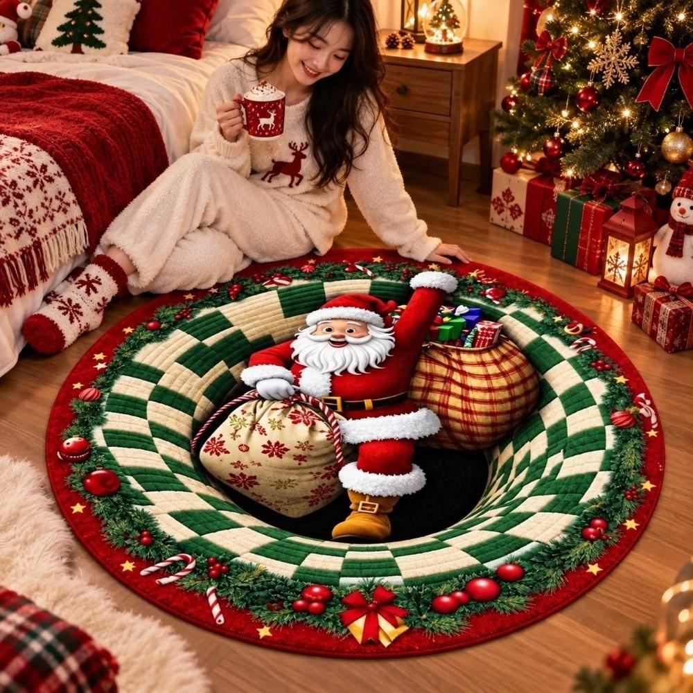 Polyester Christmas Round Rug 2D Flat Optical Delusion Doormat 3D Illusion Carpet  Festival Present