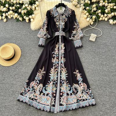 Spring France Elegant Vintage Palace Evening Dress Women Print Sashes Button Long Party Dress Female Casual Holiday Clothing New