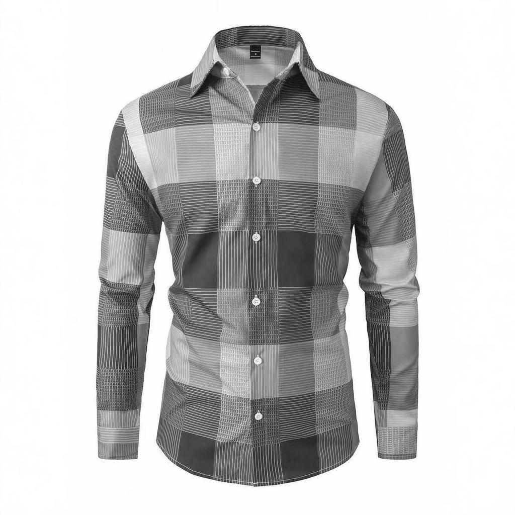 Men's Plaid Pattern Digital Print Long-Sleeve Button-Up Shirt for Autumn and Winter