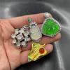 Ice-White Chalcedony Gourd Pendant with Round Flower Charm, Red Agate Maple Leaf, and Green Buddha Jade Pendant.