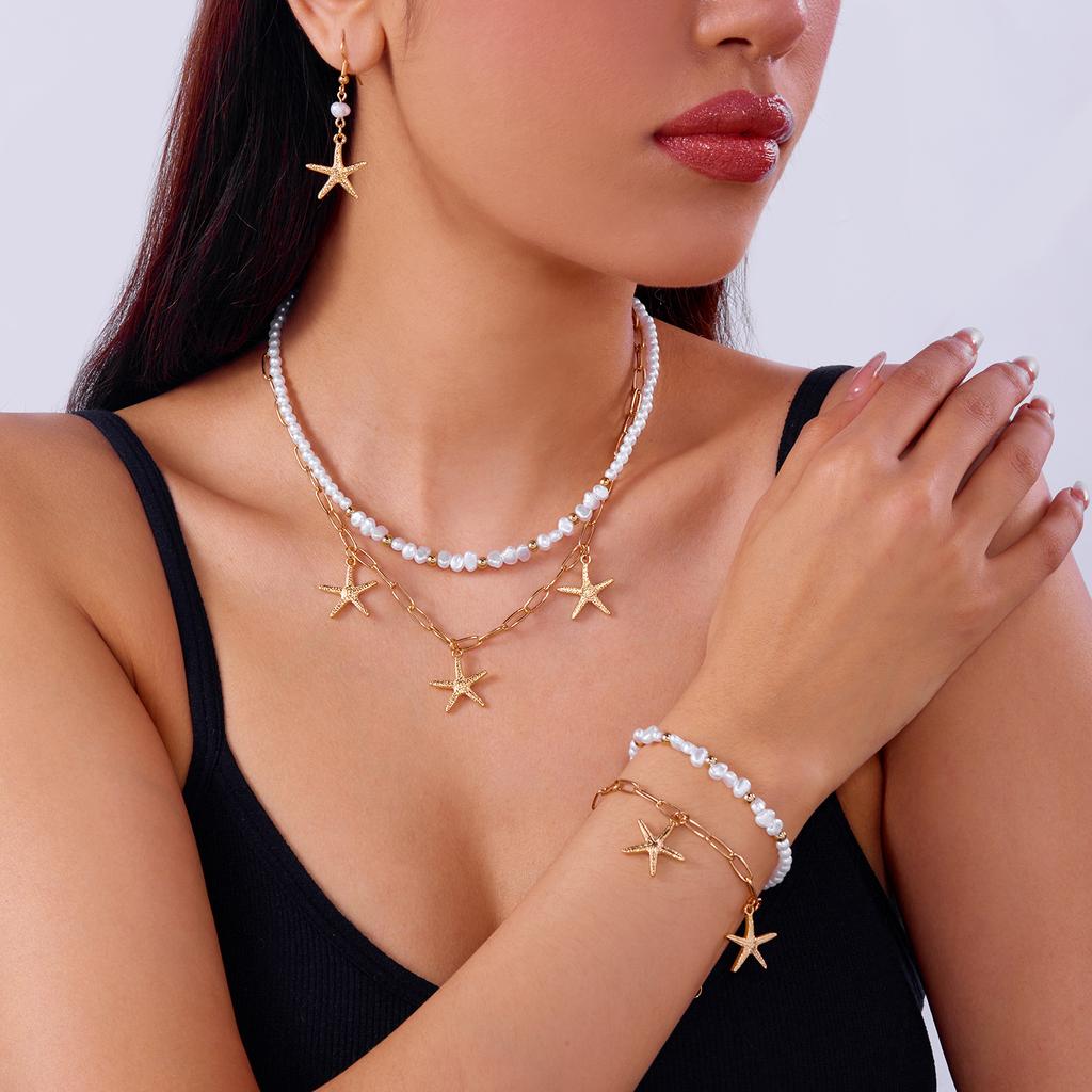Bohemian Imitation Pearl Choker Necklace for Women Handmade Starfish Pendant Bracelet Earrings Girls Summer Beach Jewelry Set