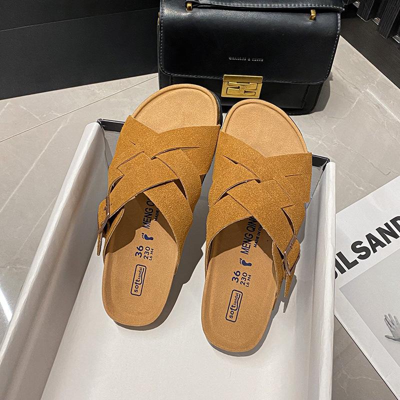 Thick-soled slippers women's summer outer wear new retro flat-bottomed cross-strapped slippers cork bottom large size