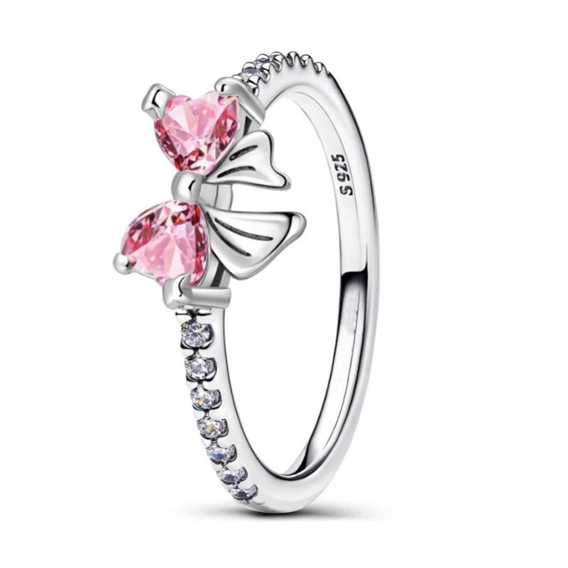 Luxury Original 925 Silver Heart-shaped Bow Flower Ring Fit Women's High-end Jewelry Parties Valentine's Day Gifts
