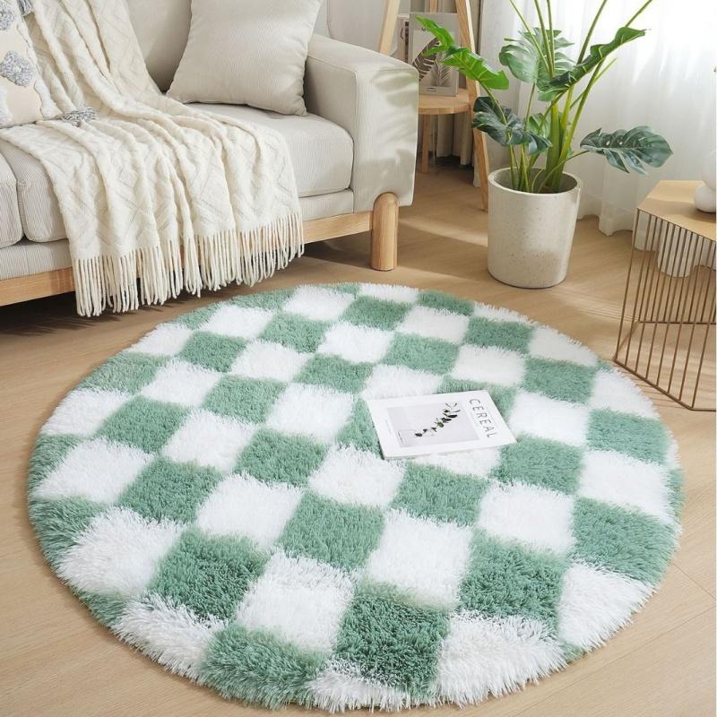 Checkerboard Round Fluffy Shaggy Rug Soft Long Pile Carpet for Bedroom Living Room Plaid Area Rug Kids Room Circular Mat