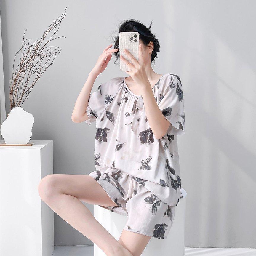 1011 New cotton and silk pajamas women's spring summer short-sleeved shorts printed suit cute fashion loungewear