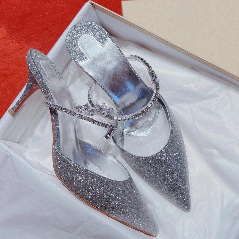 

Straight Line Diamond Wrapped Sandals For Women New Style Back Hollow Thin Heel Pointed Muller Slippers High Heel Shoes
