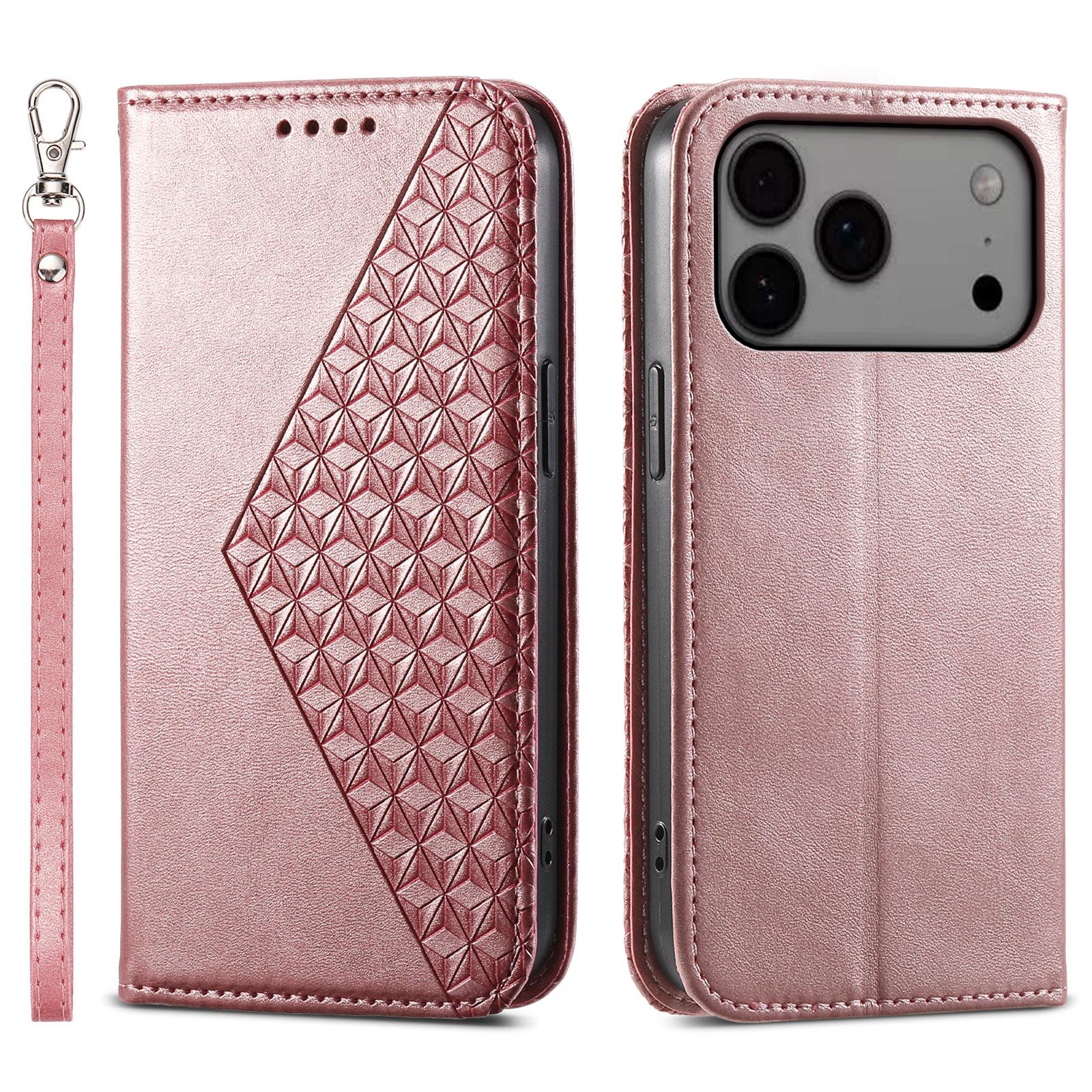 

For iPhone 17 Pro Max Case Calf Texture PU Leather Wallet Phone Cover with Wrist Strap Rose Gold