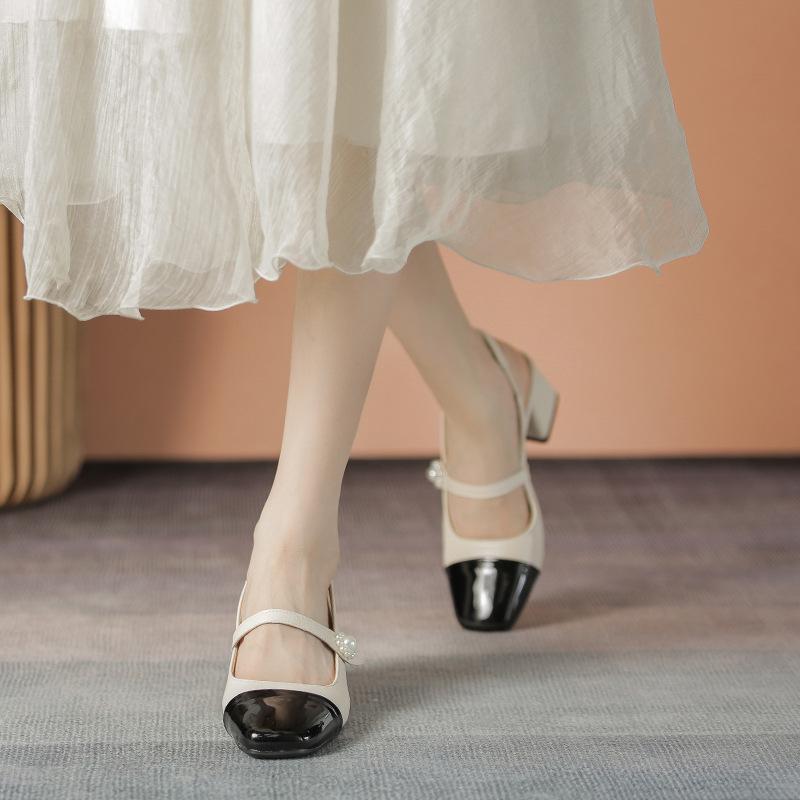 Fashion 2025 Classic Mixed Color Sandals Women Slingback Mary Janes Pearl Belt Med-High Heels Shoes Ladies Office Dress Tacone Sandalias