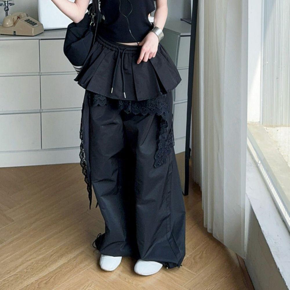 Young Women Lace Tiered Skirt Pants Baggy Wide Leg Trousers Y2k Lace Patchwork Pants  Lady