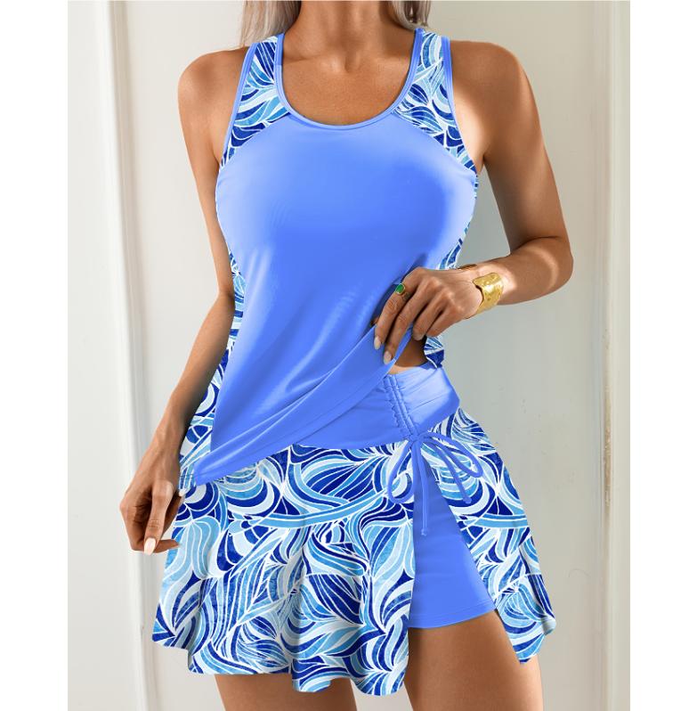 Women's Blue Swimsuit Conservative High Waist Swim Shorts Floral Print Skirt Cover Up Modest Two-Piece Swimwear