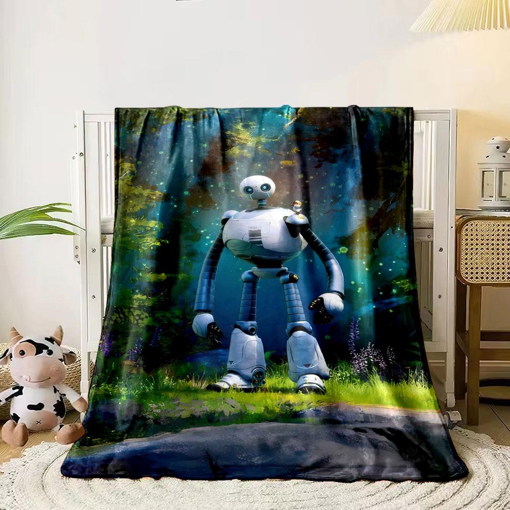 

A robot with glowing eyes stands in a vibrant forest with a small companion. for all seasons blanket lunch break throw gift 80cm x 120cm