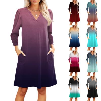 Kadın Moda V Yaka Günlük Plaj Elbisesi Üç Çeyrek Kollu Degrade Baskılı Elbise