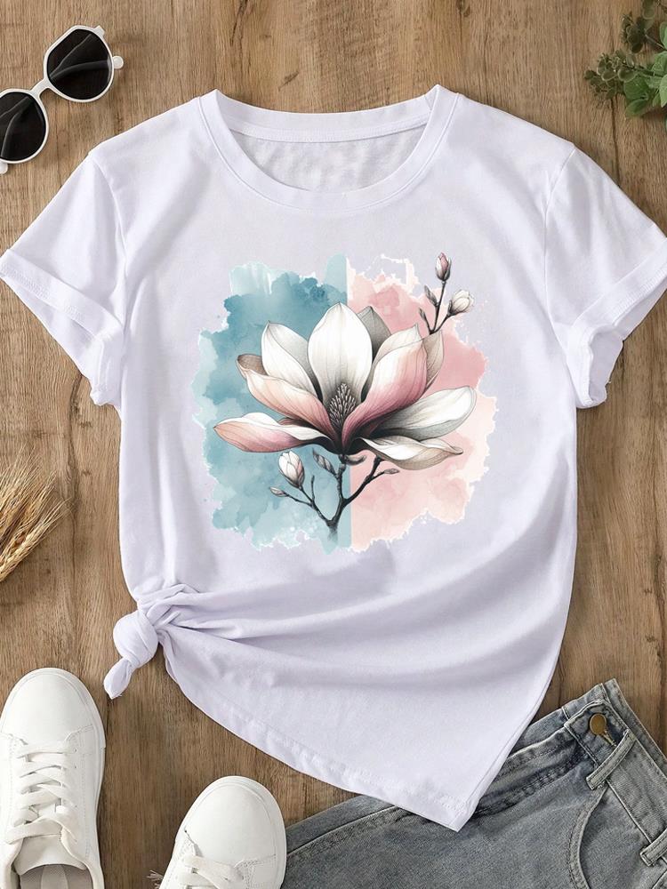 (Asian Size)  trend lovely flower style o-neck Women's Top T Clothing Print Short Sleeve T-shirts Fashion Female Casual Graphic Tee