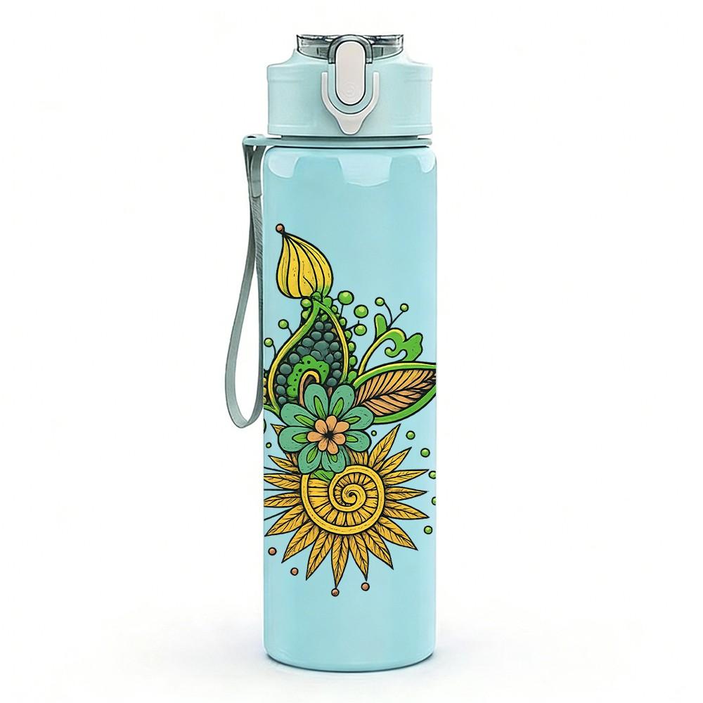 1PC Peacock Floral Mandala Print 750ml Color Plastic Sports Water Bottle Leakproof Flip Straw Lid Suitable for Sports Office Home Use