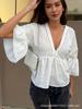New Arrival: Linen V-Neck Doll Shirt with Lace Flare Sleeves in Solid Colors