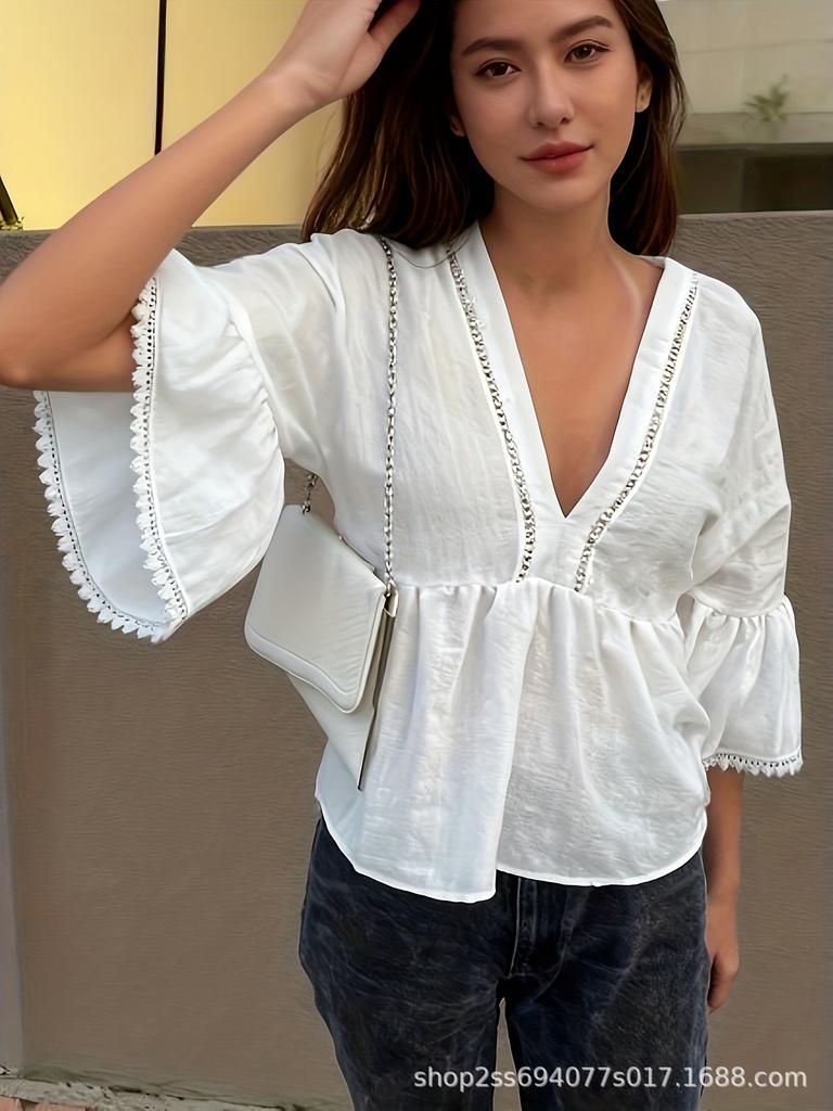 New Arrival: Linen V-Neck Doll Shirt with Lace Flare Sleeves in Solid Colors