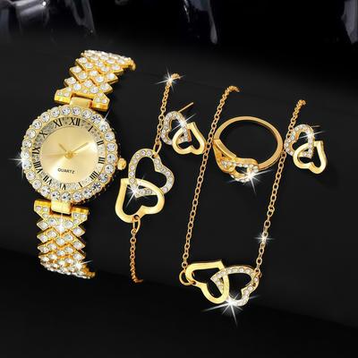 Ins Trend Watch Accessories Set Women, Roman Love 5Pcs Jewelry Diamond Women'S Quartz Watch Gift Box