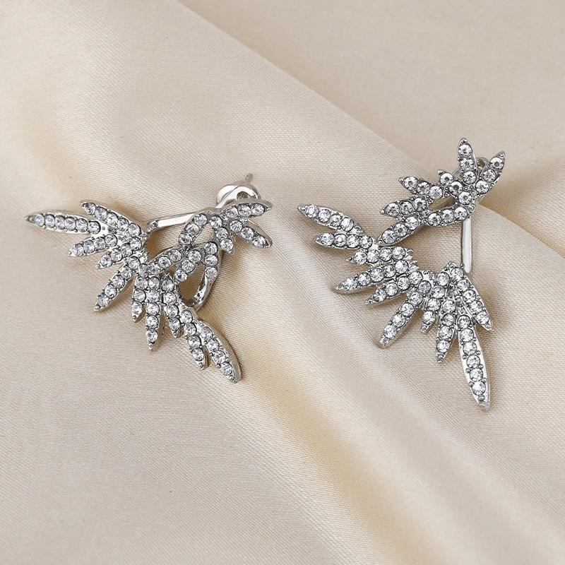 Angel Wing Feather Earrings Women With Removable Post Studs Full Rhinestone Crystal Design Titanium Steel Hypoallergenic