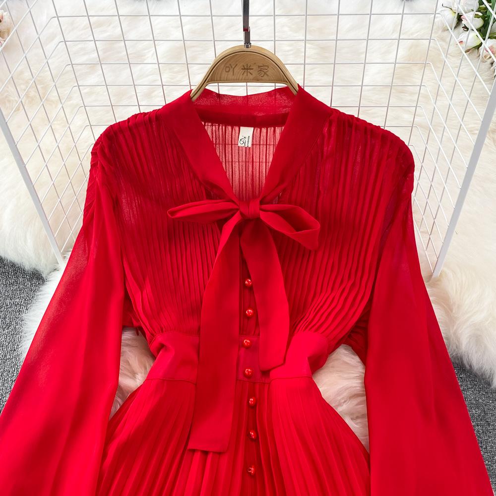 Herbst Vintage Frauen Langes Kleid Elegante Bogen Kragen Laterne Ärmel Einreiher Plissee Maxi Weibliche Rot Lila Kleider