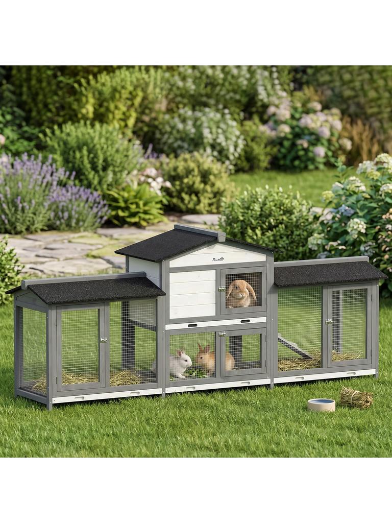 Large Rabbit Hutch 2-Tier Wooden Ramp 230 X 53 X 93.5cm Light Grey