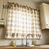 Elegante Spitzenbordüre Schabracke Buffalo Check Fenster-Schabracke, Gerüschter Vorhang mit und Schleifen, Karomuster Lichtfilternder Stangentasche für Küche Wohnzimmer
