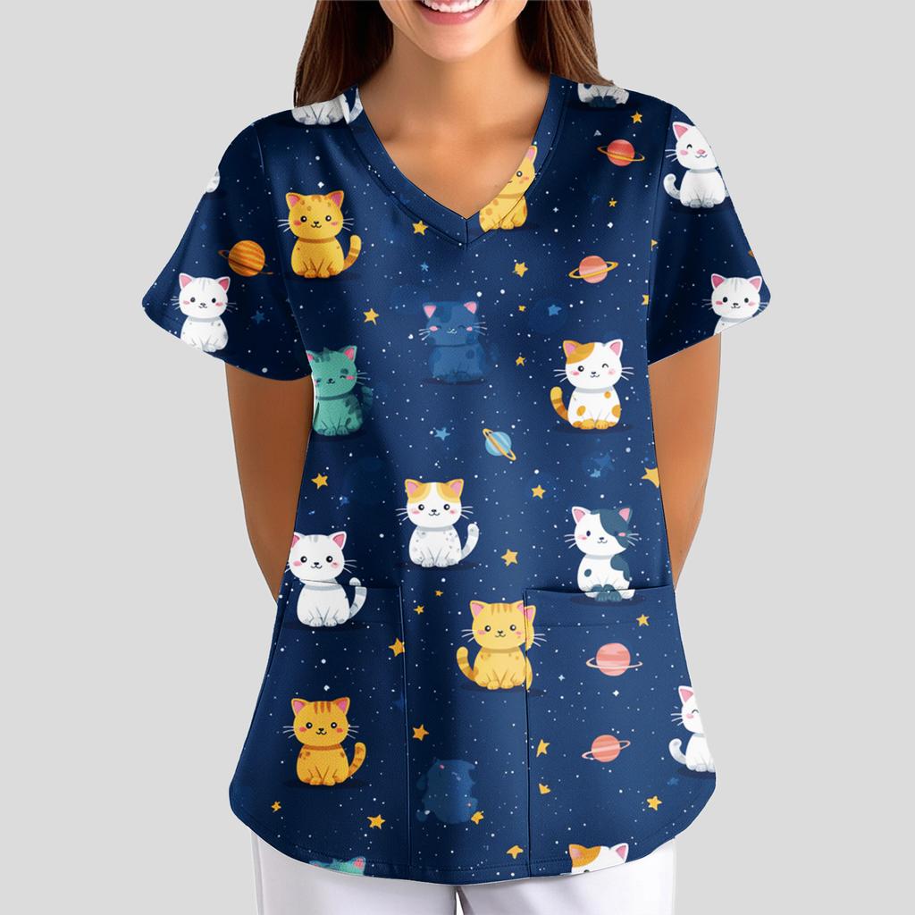 Women's Cartoon Cute Print Loose V-Neck Pocket Short-Sleeve  Uniform