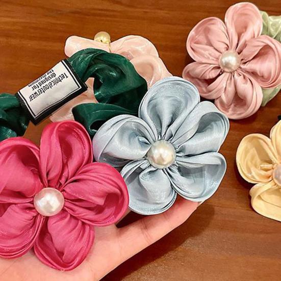 Hair Tie Handmade Satin Flower Decor Hair Tie with Imitation Pearls Large Elastic Soft Hair Band Autumn Winter Hair Accessories
