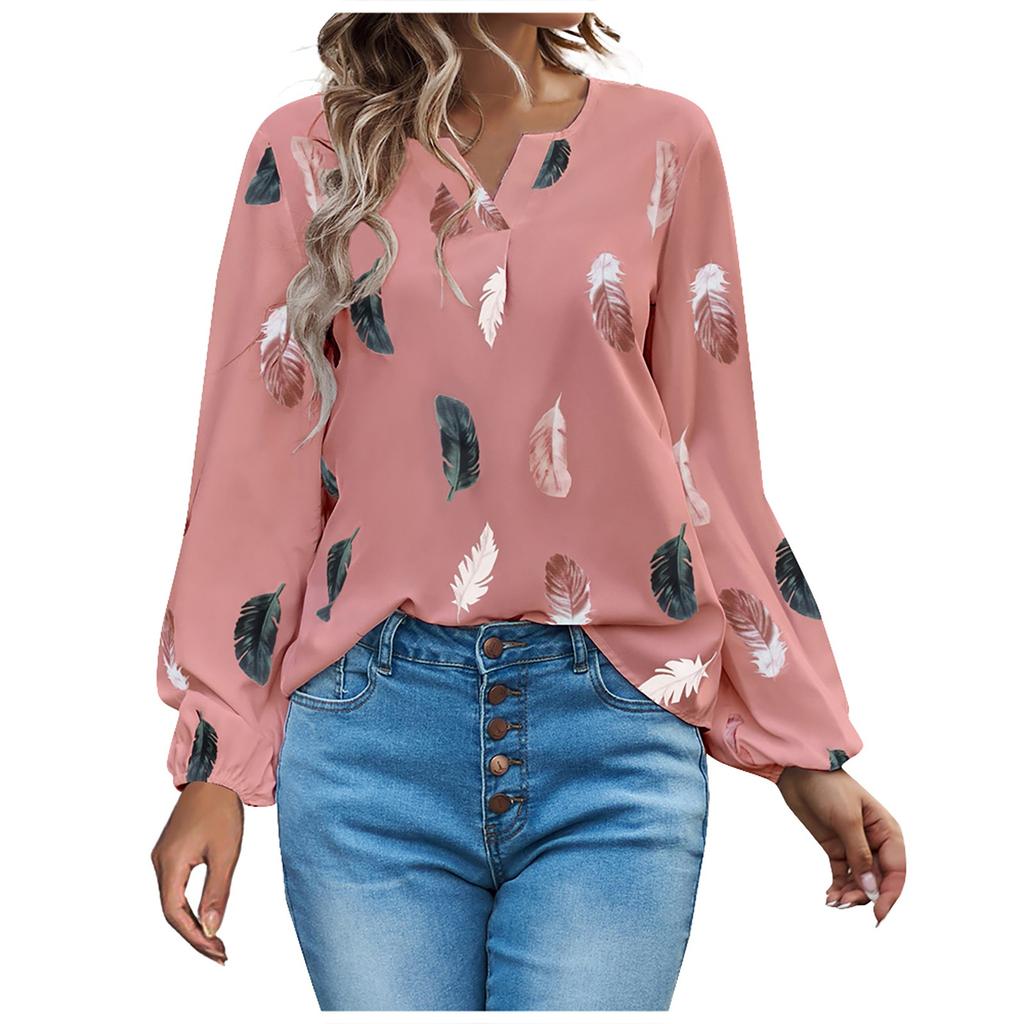 Women's Fashion Loose V-Neck Feather Print Long Sleeve Pullover Shirt Top