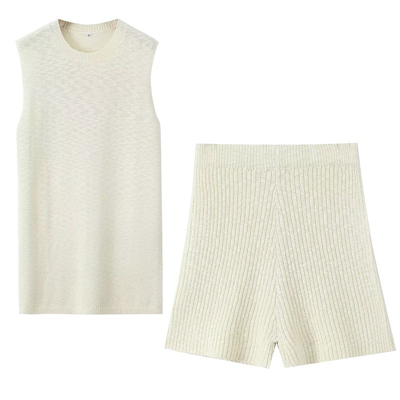 

Free People Lazy Plaid Vacation Style Slit Knitted Sleeveless Vest + Shorts Casual Sexy Two-piece Set Milky White M