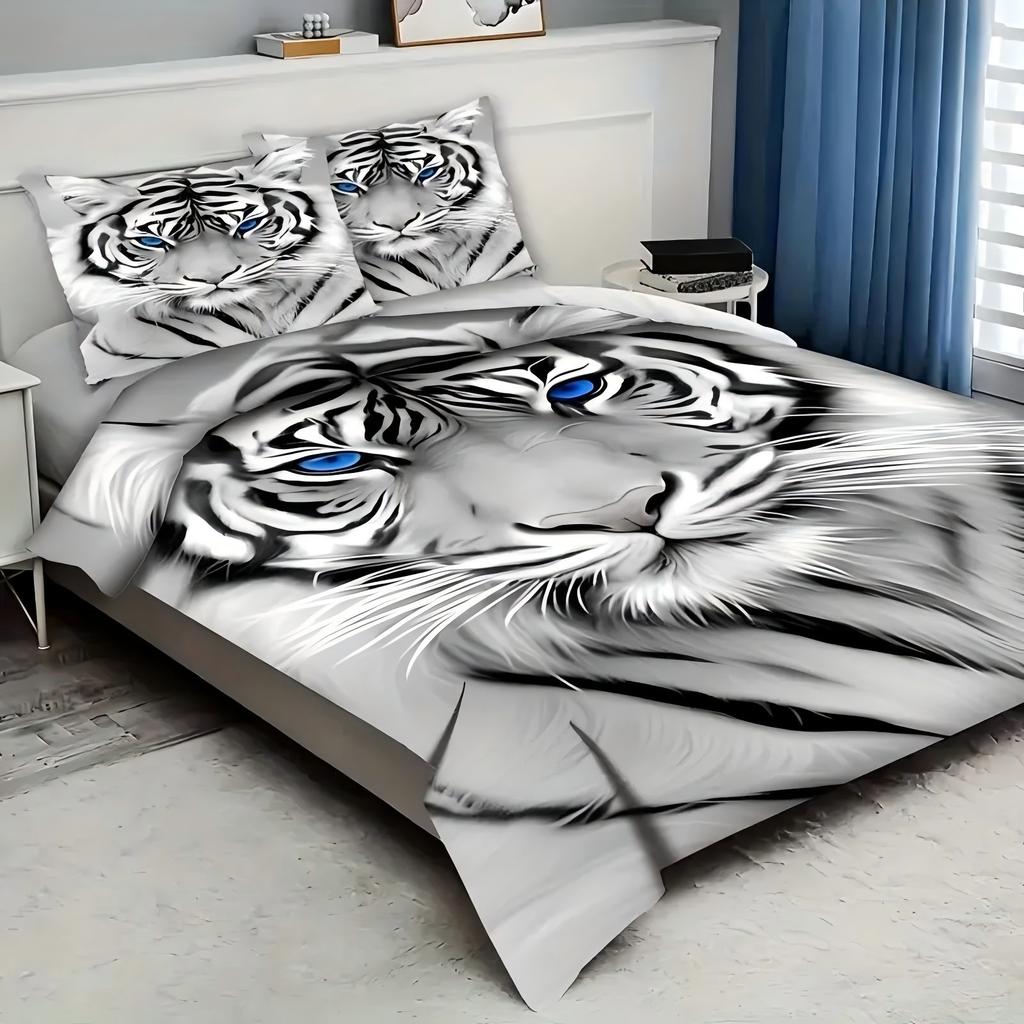 Blue eyed white tiger Pattern 3D Printed Duvet Cover Set Soft Comfortable Bedding Set Wildlife Style Quilt Cover Set Pillowcases
