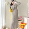 Maternity clothes, new spring and autumn clothes, autumn and winter clothes, velvet and warm, solid color round neck, belly support and thin skirt