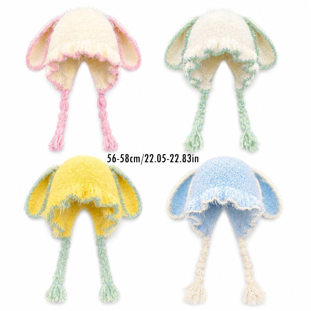 Fuzzy Texture Earflap Beanie Hat Braided Tassels Plush Winter Hat Bunny Ear Hat Autumn Wear