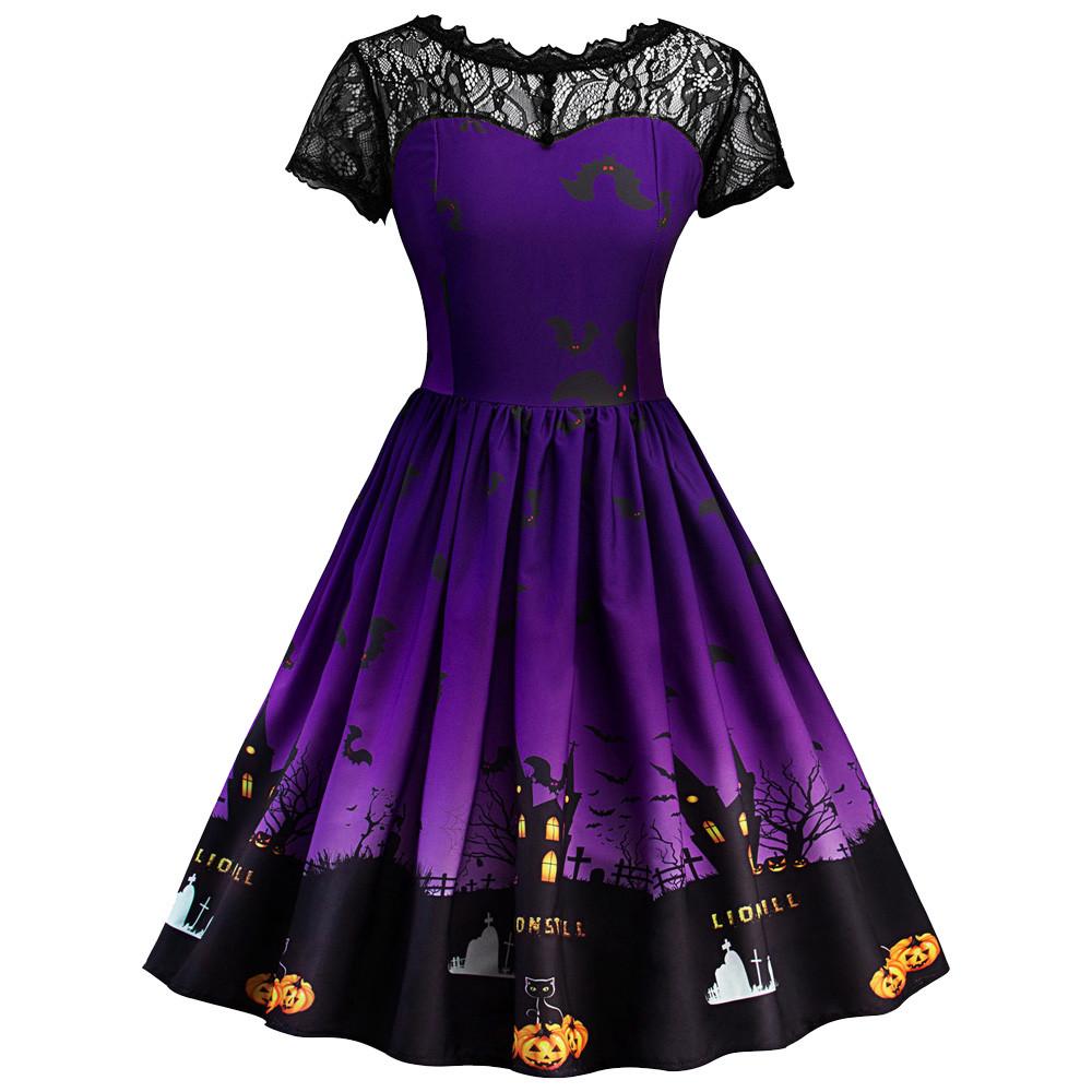 Women Short Sleeve Halloween Retro Lace Vintage Dress A Line  Swing Dress