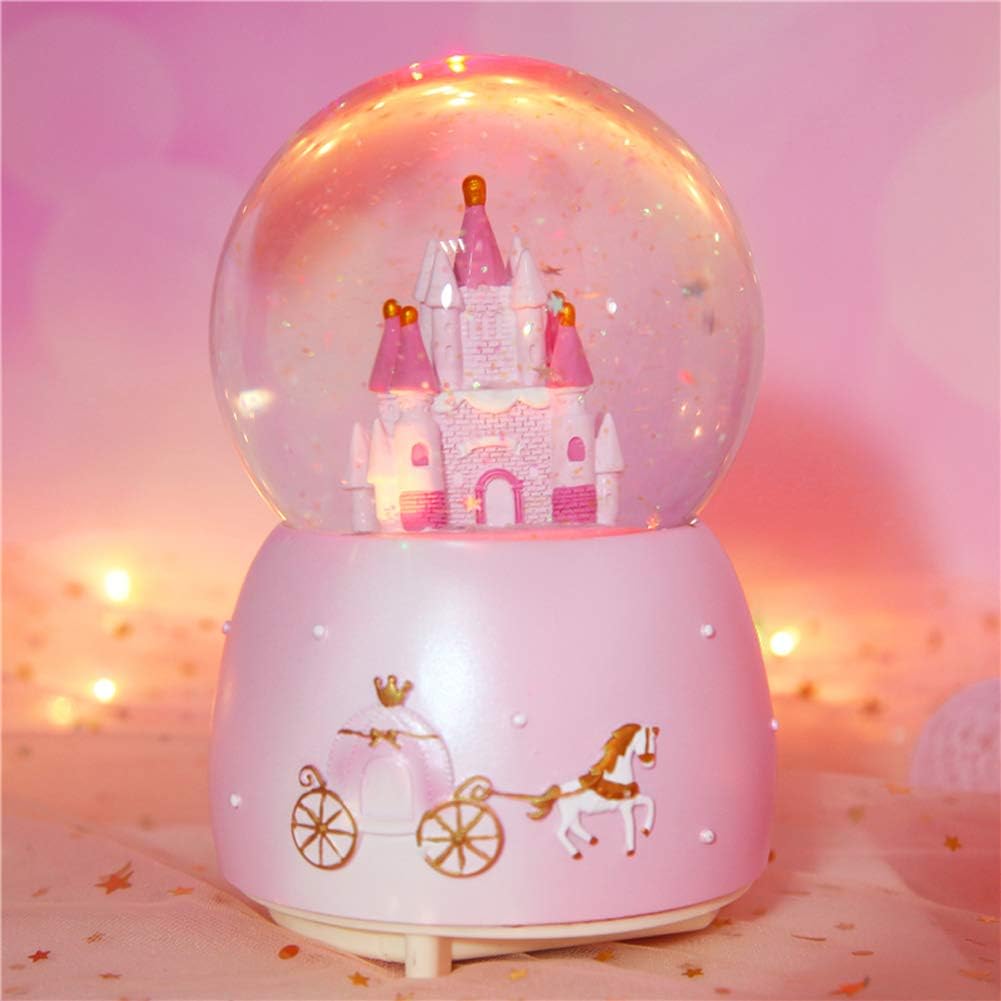 

Castle Snow Globes Luminous Music Box Cartoon Christmas Snow House Automatic Spray Rotating Crystal Ball with Color Changing LED Lights for Home синій