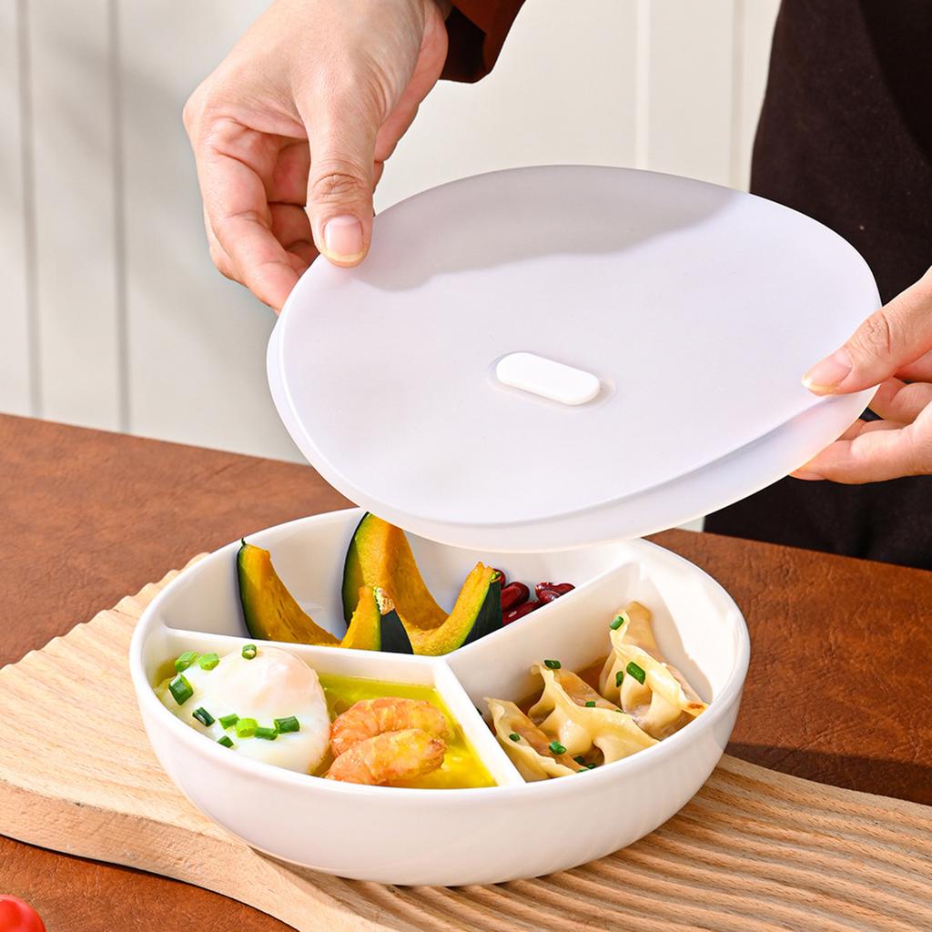 Ceramic Compartment Plate With Lid Three Compartments Round Steaming Plate For Breakfast And Diet Portion Control