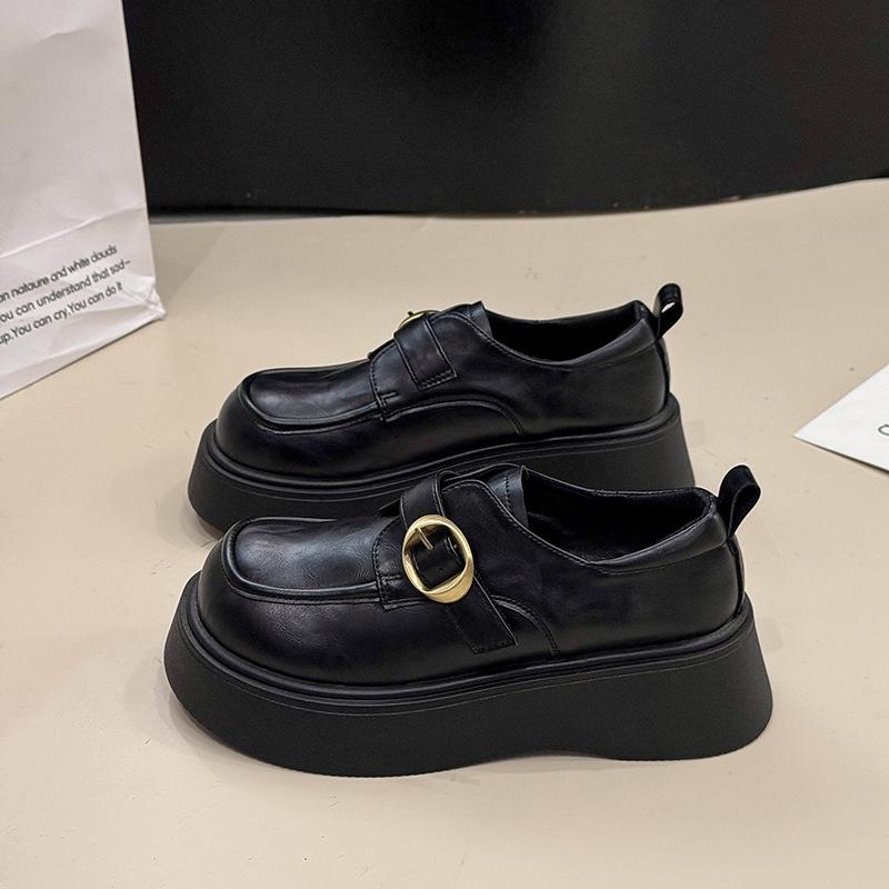 New one-pedal black fashion versatile autumn platform thick heel small leather shoes women