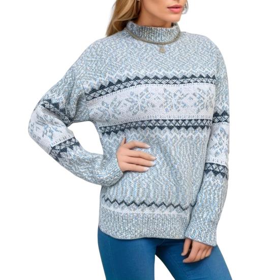 Зимний женский рождественский свитер с полувысоким воротником, цветной узор в виде снежинок, длинный рукав, трикотаж, толстый теплый новогодний свитер M