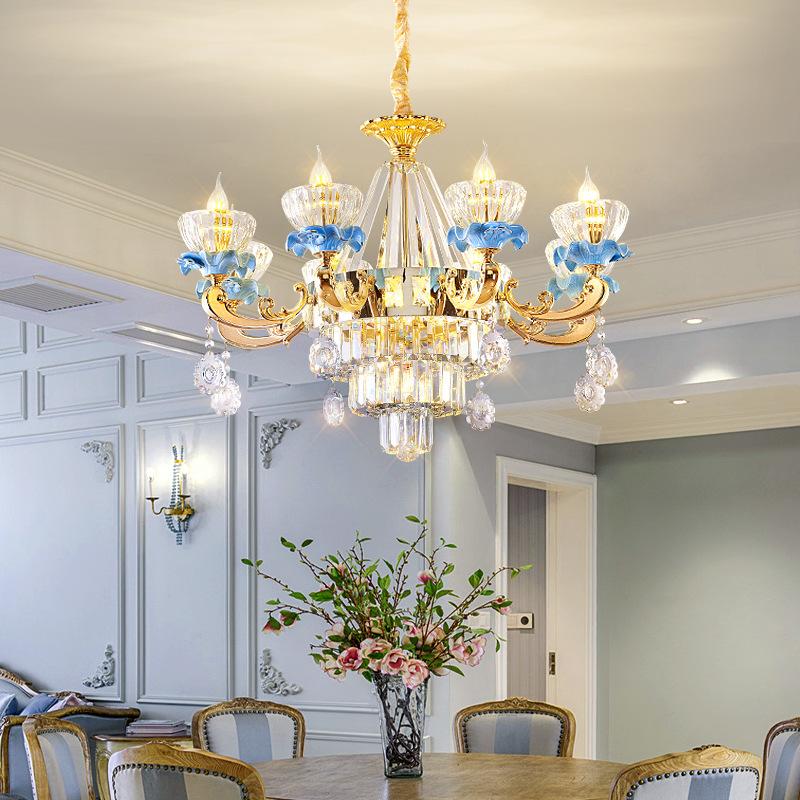 Luxury Living Room Chandelier French Crystal Living Room Light Modern Villa Dining Room Bedroom Ceramic Pendant Lights