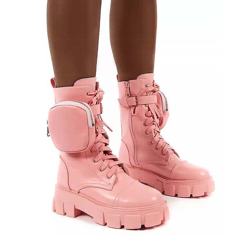 fashion 2024 Women Pocket Boots Lace Up Ladies Boots Fashion Female Buckle Strap Black Chunky Pouch Boots Woman Platform