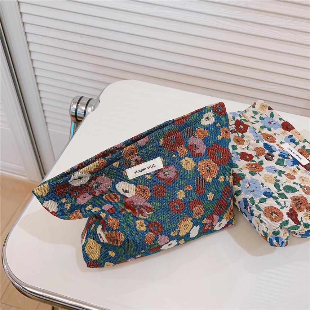 Retro Flower Pattern Canvas Cosmetic Bag Makeup Bag Travel Toiletry Accessories Organizer Pouch