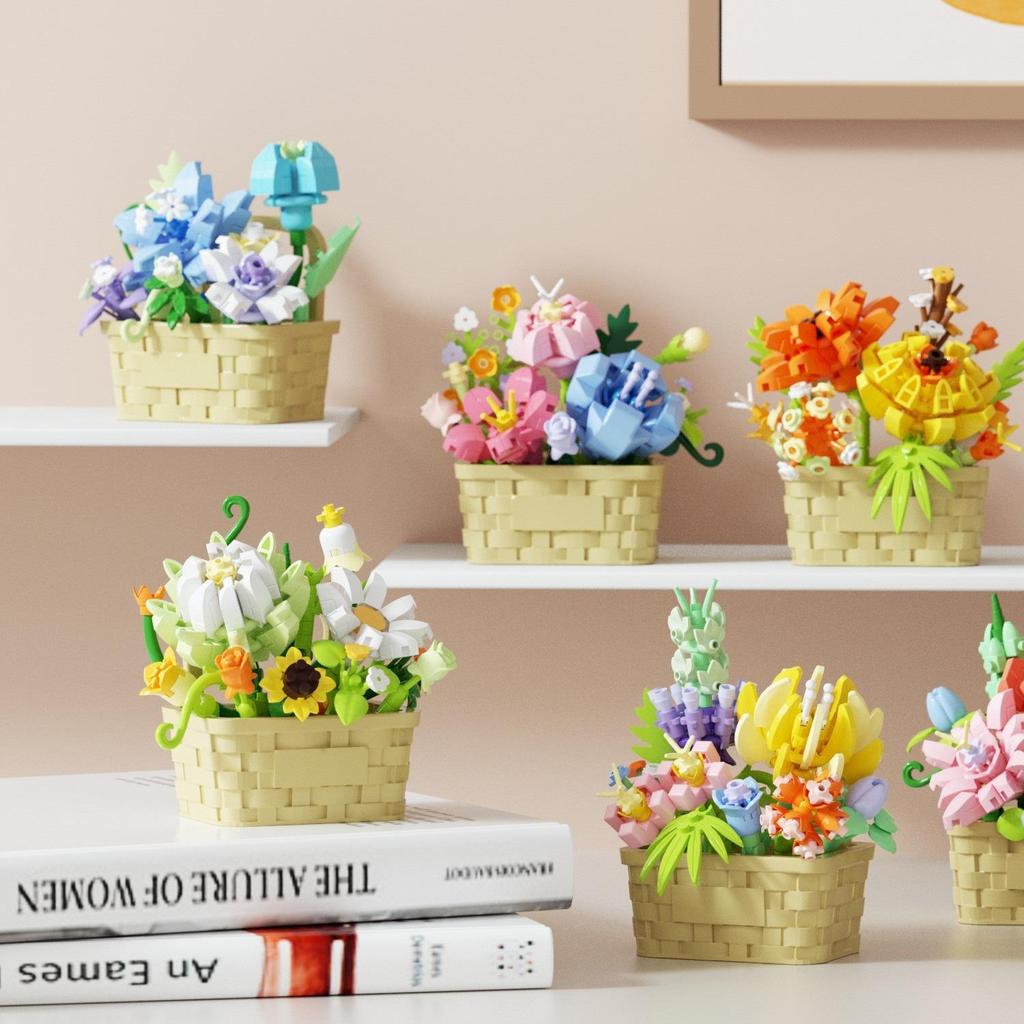 Preserved Flower Basket Building Block Ornament – Hot-Selling Micro-Particle Potted Plant Toy