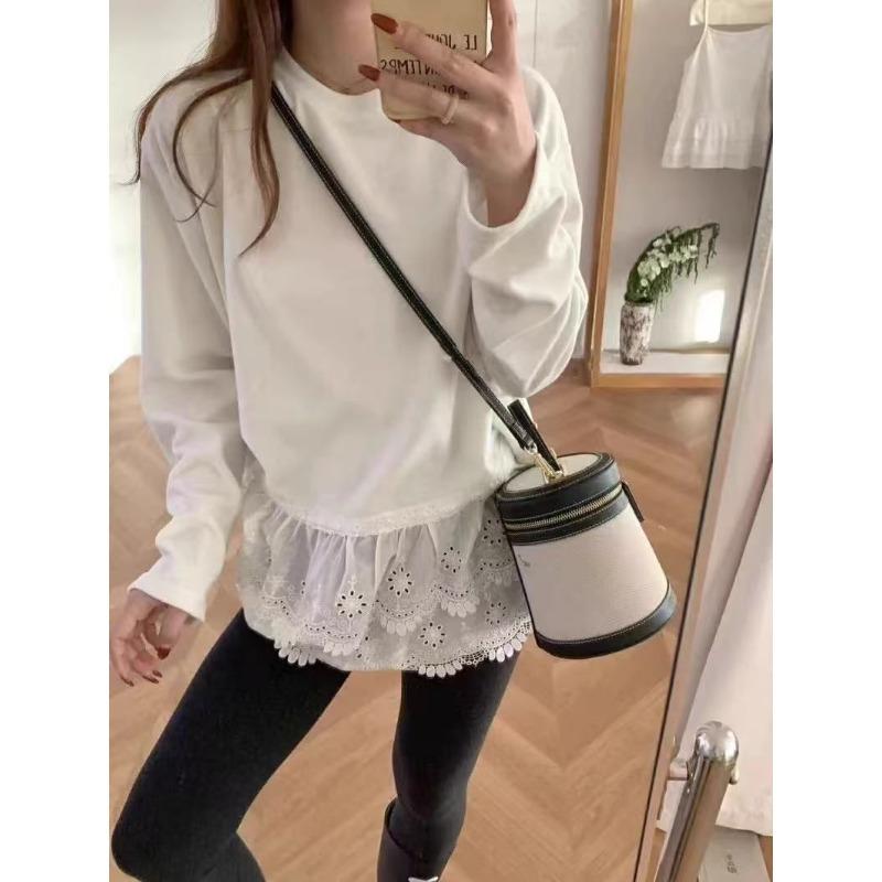 Lunke Rückentasche Kragen Spitze Spleiß Bottoming Shirt Neues Mittellanges Großes Damen-T-Shirt