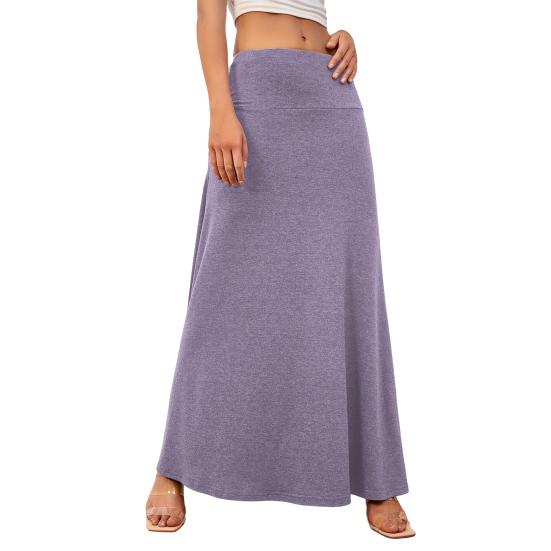 Jupe longue élastique taille haute pour femme, coupe trapèze, couleur unie