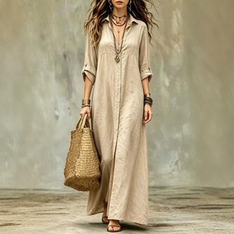 BITCED Fashion Spring Autumn Solid Color Print Long Sleeve V-Neck Casual Dresses