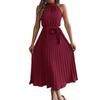 Women Elegant Stand Collar Sleeveless High Waist Pleated Solid Color Long Dress