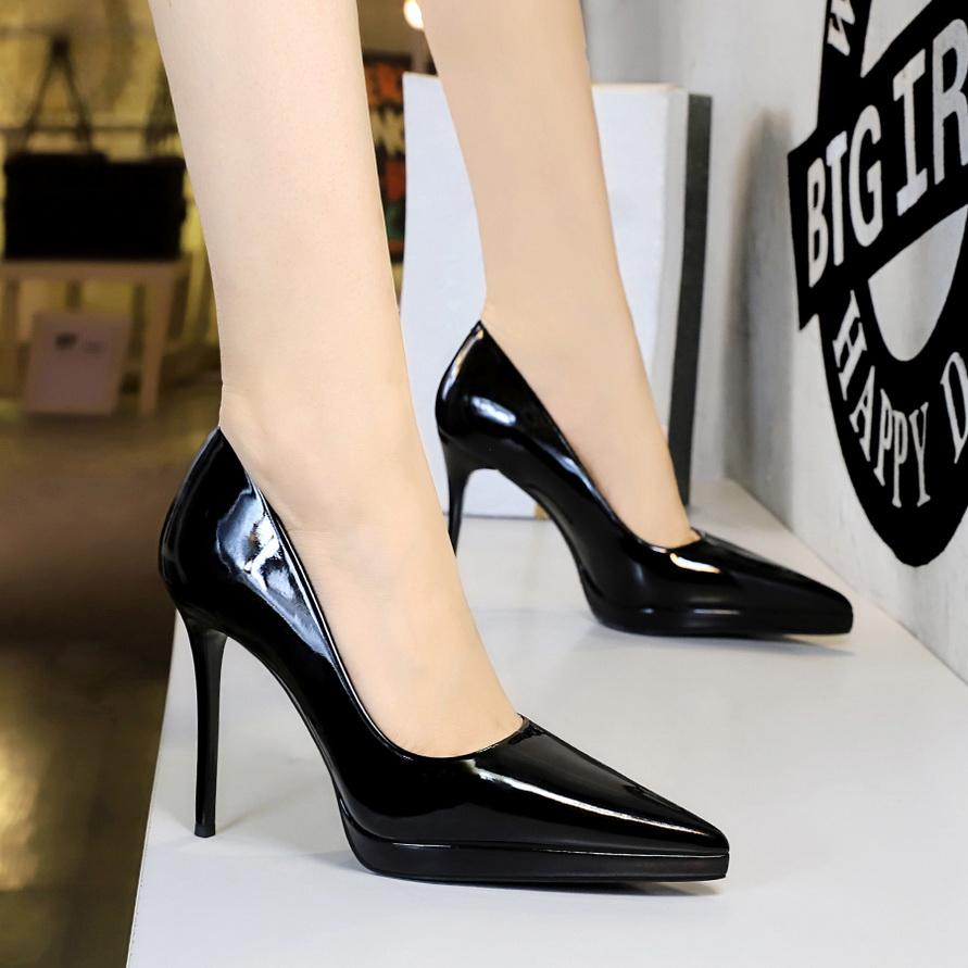 Fashion Banquet Women's Shoes with Fine Heels, Patent Leather, Shallow Mouth, Pointed Toe, Super High Heels, Waterproof Platform Shoes