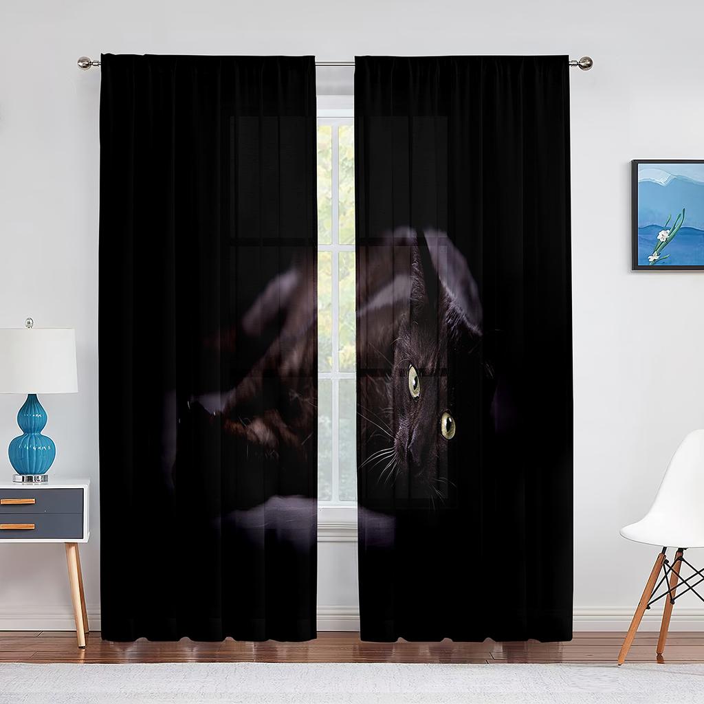 Black Cat Big Eyes Animal Grey Tulle Curtains for Living Room Bedroom Decoration Transparent Chiffon Sheer Voile Window Curtain