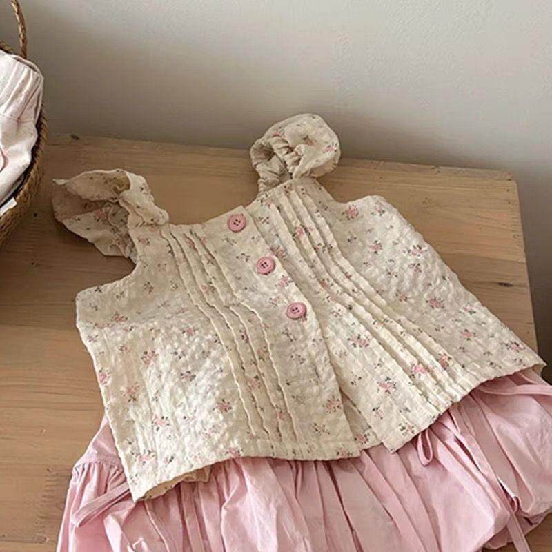 

Adorable 2024 Floral Print Two Piece Set For Girls Featuring Sweet Sleeveless Top And Stylish Bow Shorts Top,90cm/35.43in