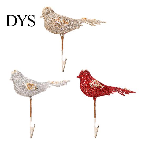 Gold Silver Red Bird Tree Ornaments Glitter Christmas Ornament with Metal Clip for Decoration, Sparkling Tabletop Floral Decor Figurine, Sequins