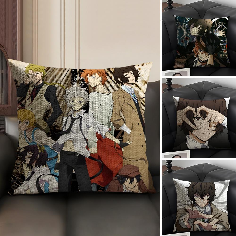 BBunGo SStray Dogs Anime Cushion Cover Natural Linen Organic Fabric DoubleSided Printing Sofa Home Decor Gift Pillow Case